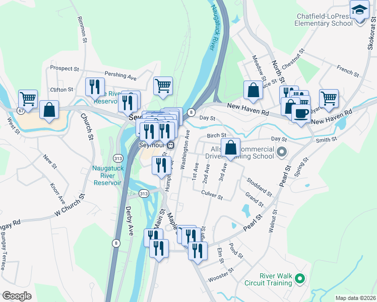 map of restaurants, bars, coffee shops, grocery stores, and more near 132 Washington Avenue in Seymour