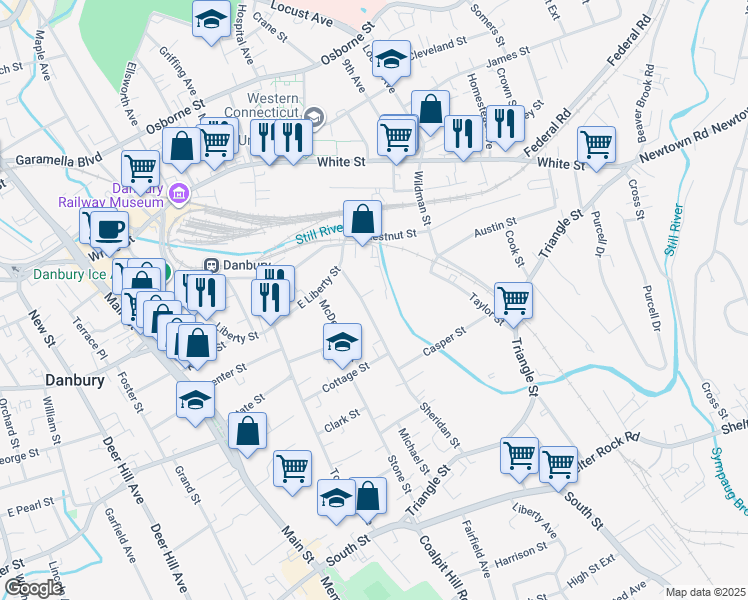 map of restaurants, bars, coffee shops, grocery stores, and more near 73 Sheridan Street in Danbury