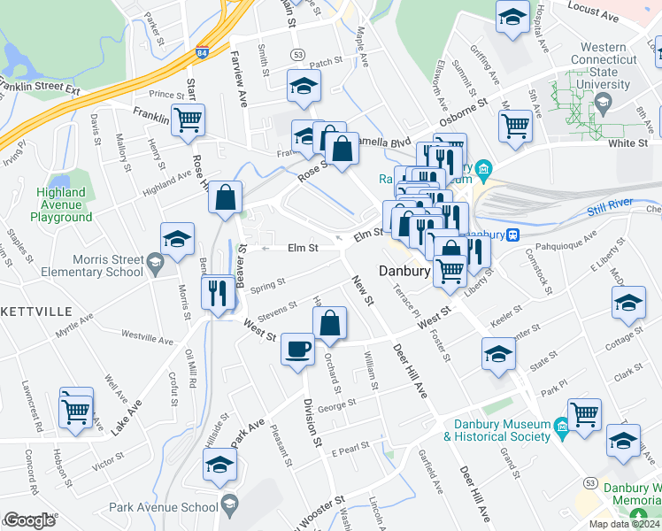 map of restaurants, bars, coffee shops, grocery stores, and more near 76 Elm Street in Danbury