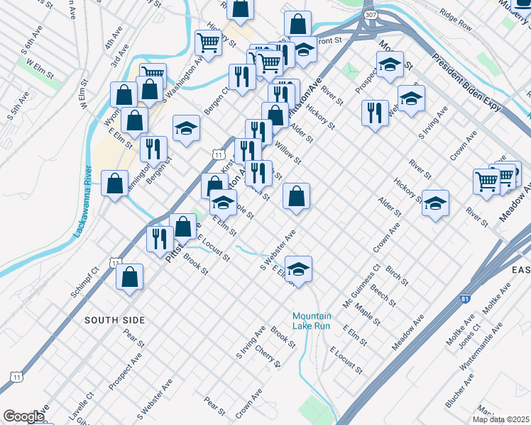map of restaurants, bars, coffee shops, grocery stores, and more near 831 Prospect Avenue in Scranton