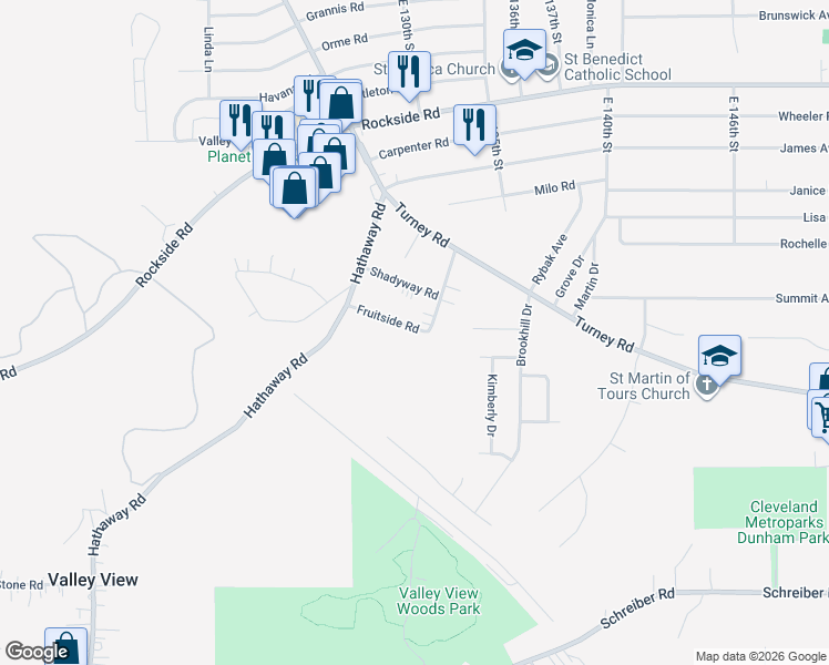 map of restaurants, bars, coffee shops, grocery stores, and more near 12921 Fruitside Road in Garfield Heights