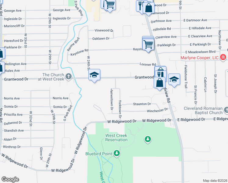 map of restaurants, bars, coffee shops, grocery stores, and more near 6176 Jamestown Drive in Parma