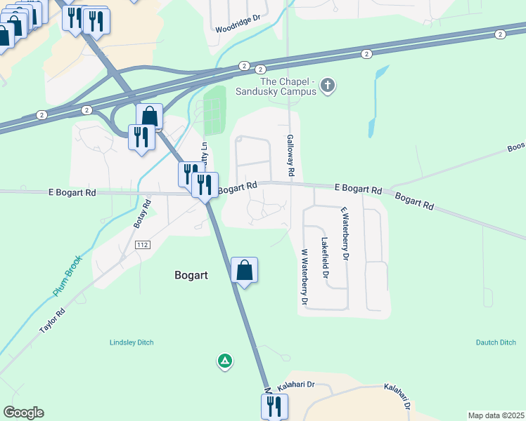 map of restaurants, bars, coffee shops, grocery stores, and more near 1500 East Bogart Road in Sandusky