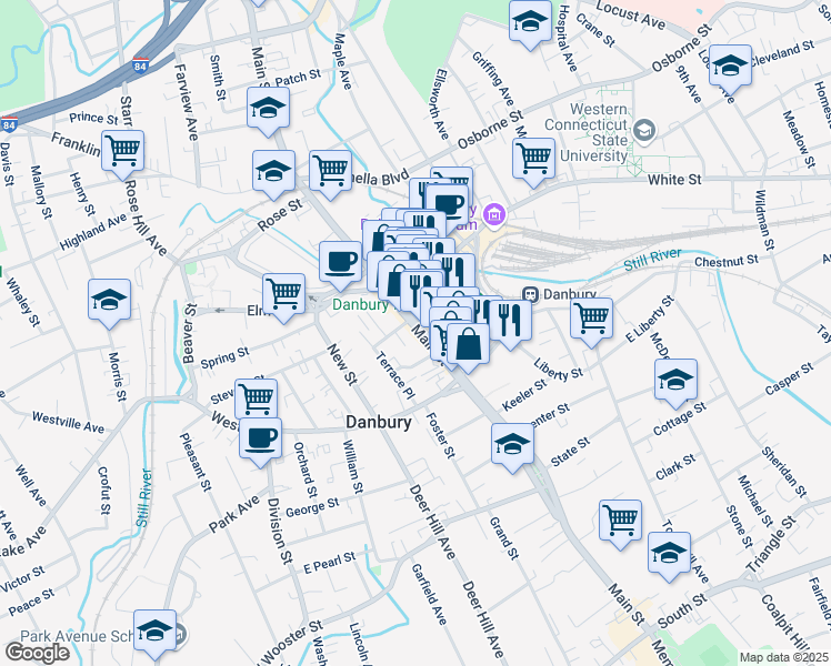 map of restaurants, bars, coffee shops, grocery stores, and more near 265 Main Street in Danbury