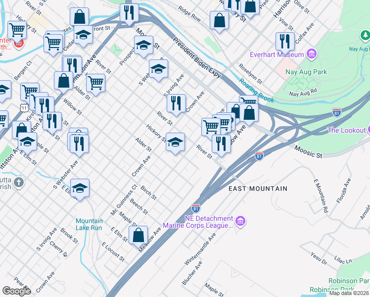 map of restaurants, bars, coffee shops, grocery stores, and more near 924 River Street in Scranton