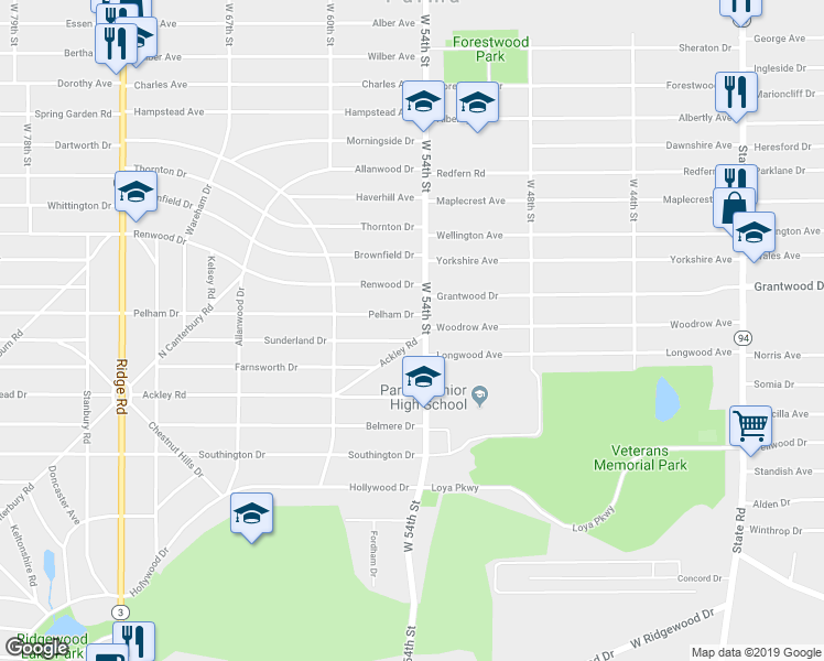 map of restaurants, bars, coffee shops, grocery stores, and more near 5408 Ackley Road in Cleveland