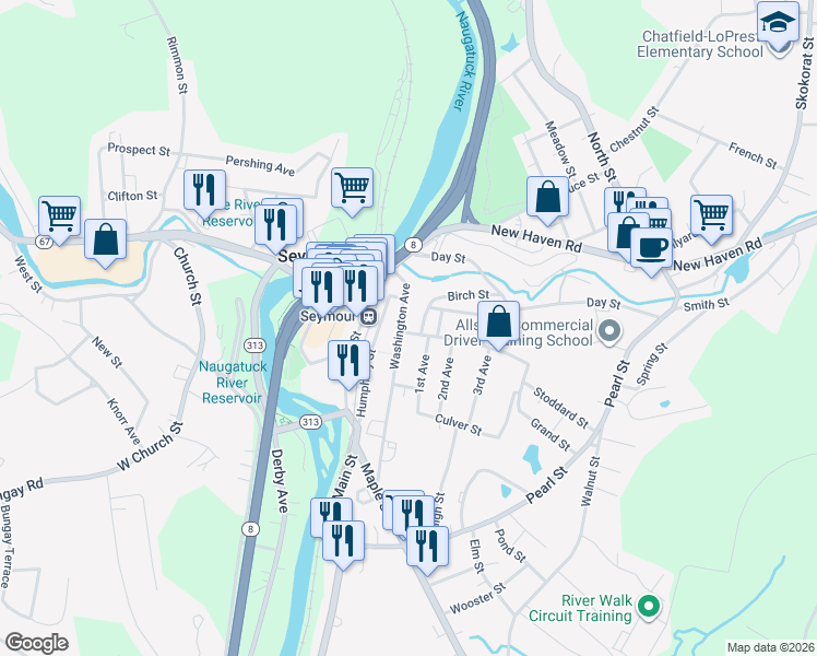 map of restaurants, bars, coffee shops, grocery stores, and more near 132 Washington Avenue in Seymour