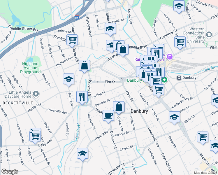 map of restaurants, bars, coffee shops, grocery stores, and more near 21 Spring Street in Danbury