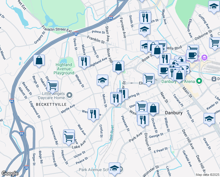 map of restaurants, bars, coffee shops, grocery stores, and more near 28 Benedict Avenue in Danbury