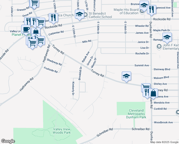 map of restaurants, bars, coffee shops, grocery stores, and more near 6264 Turney Road in Garfield Heights