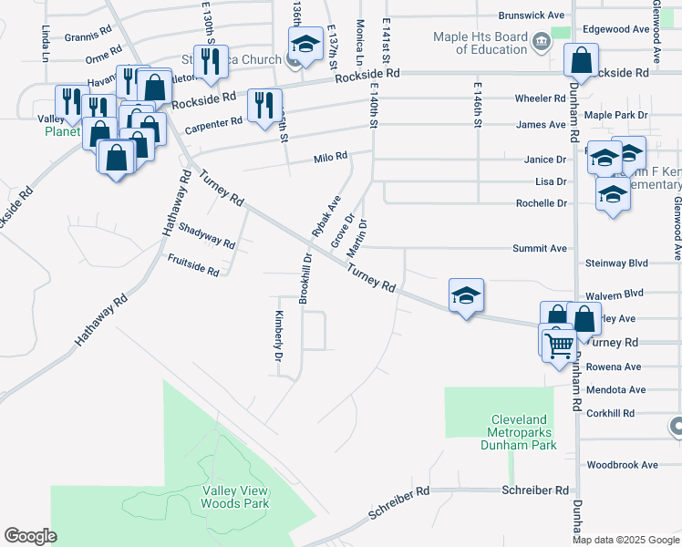 map of restaurants, bars, coffee shops, grocery stores, and more near 6264 Turney Road in Garfield Heights