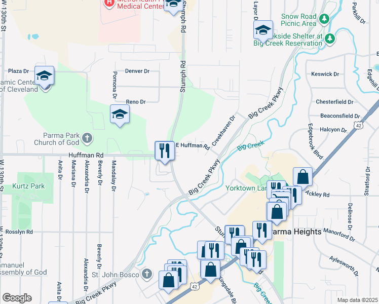 map of restaurants, bars, coffee shops, grocery stores, and more near 11550 East Huffman Road in Parma Heights