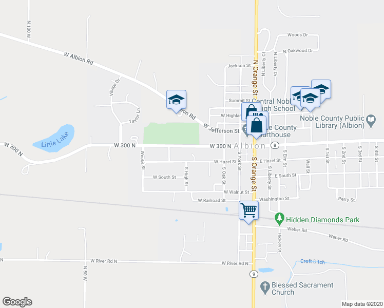 map of restaurants, bars, coffee shops, grocery stores, and more near 325 West Hazel Street in Albion