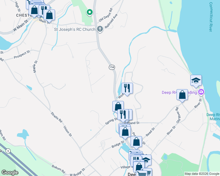 map of restaurants, bars, coffee shops, grocery stores, and more near 4 Main Street in Deep River