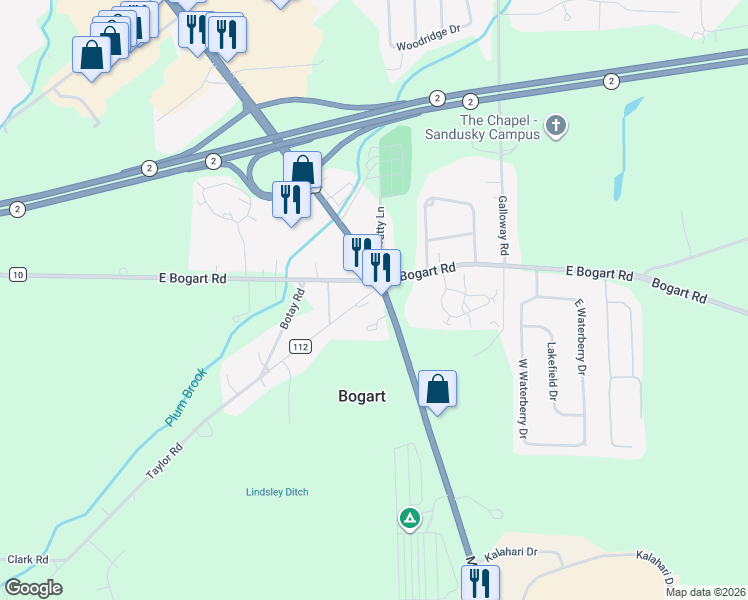 map of restaurants, bars, coffee shops, grocery stores, and more near 6205 Milan Road in Sandusky