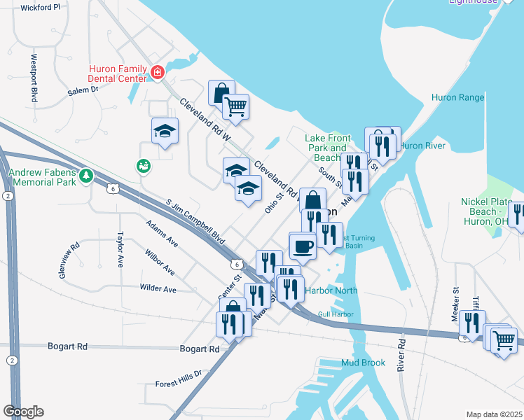map of restaurants, bars, coffee shops, grocery stores, and more near 325 Ohio Street in Huron