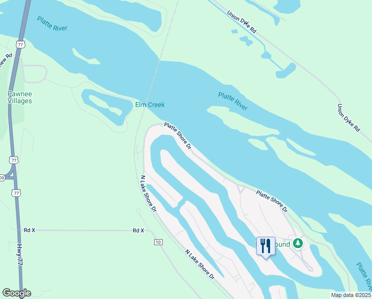 map of restaurants, bars, coffee shops, grocery stores, and more near 980 Platte Shore Drive in Fremont