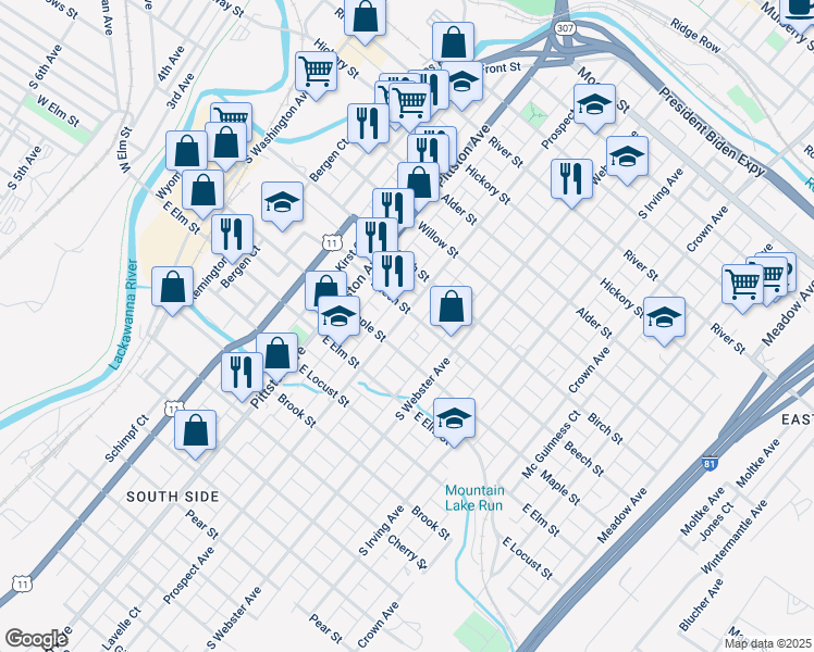 map of restaurants, bars, coffee shops, grocery stores, and more near 600 Beech Street in Scranton