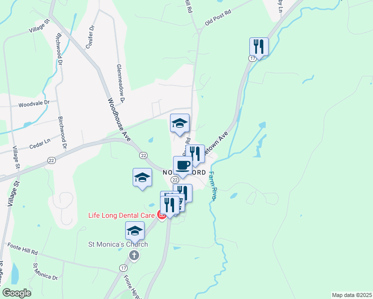 map of restaurants, bars, coffee shops, grocery stores, and more near 26 Old Post Road in Northford
