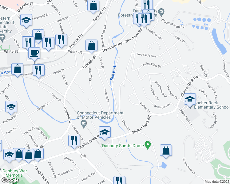 map of restaurants, bars, coffee shops, grocery stores, and more near 55 Cross Street in Danbury