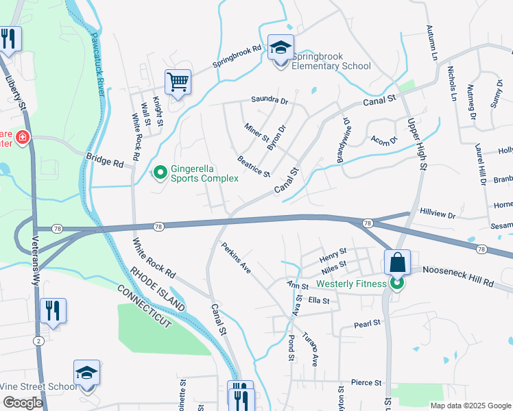 map of restaurants, bars, coffee shops, grocery stores, and more near 162a Canal Street in Westerly