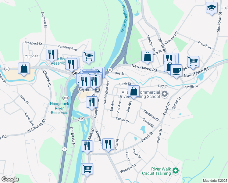 map of restaurants, bars, coffee shops, grocery stores, and more near 21 Sanford Street in Seymour