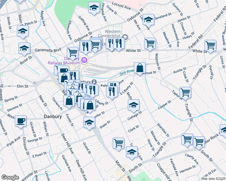 map of restaurants, bars, coffee shops, grocery stores, and more near 34 Pahquioque Avenue in Danbury
