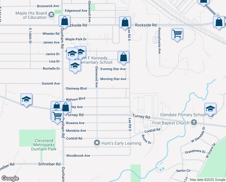 map of restaurants, bars, coffee shops, grocery stores, and more near 15817 Steinway Boulevard in Maple Heights