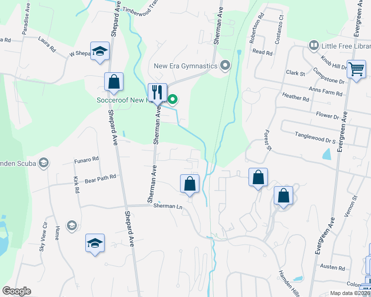 map of restaurants, bars, coffee shops, grocery stores, and more near 1144 Sherman Avenue in Hamden