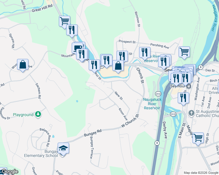 map of restaurants, bars, coffee shops, grocery stores, and more near 79 New Street in Seymour