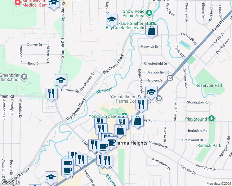 map of restaurants, bars, coffee shops, grocery stores, and more near 10620 Notabene Drive in Parma Heights
