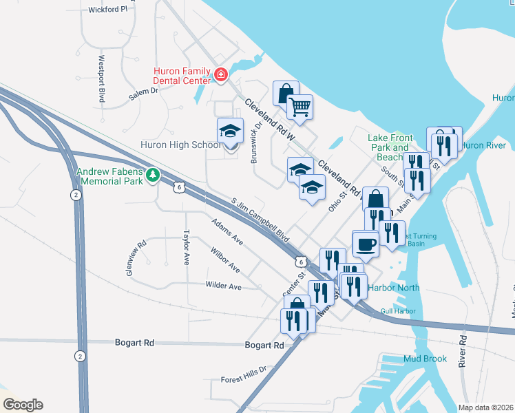 map of restaurants, bars, coffee shops, grocery stores, and more near 517 Liberty Drive in Huron
