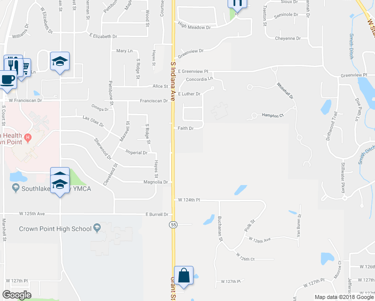 map of restaurants, bars, coffee shops, grocery stores, and more near 1288 South Indiana Avenue in Crown Point
