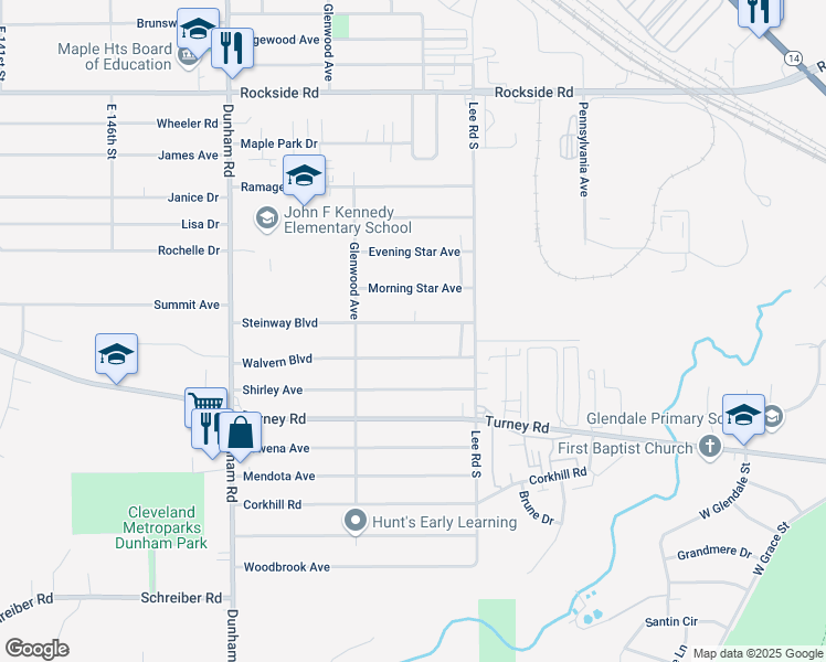 map of restaurants, bars, coffee shops, grocery stores, and more near 15817 Steinway Boulevard in Maple Heights