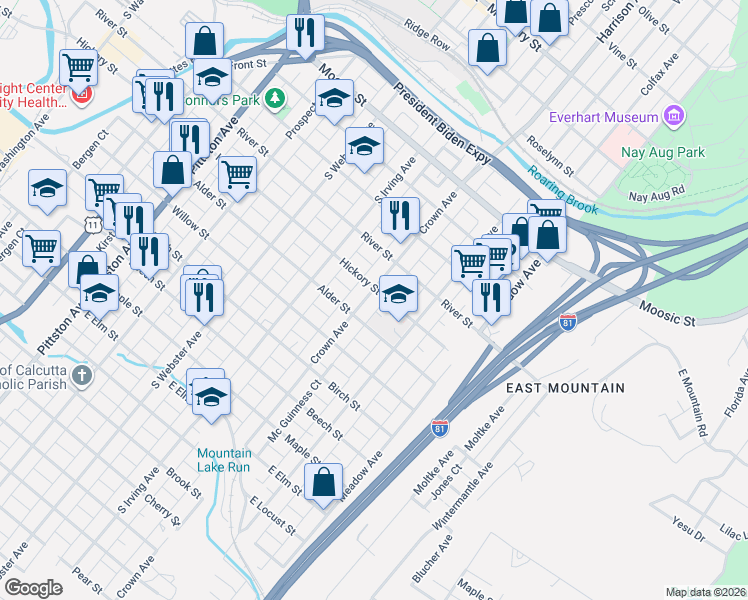 map of restaurants, bars, coffee shops, grocery stores, and more near 503 Crown Avenue in Scranton