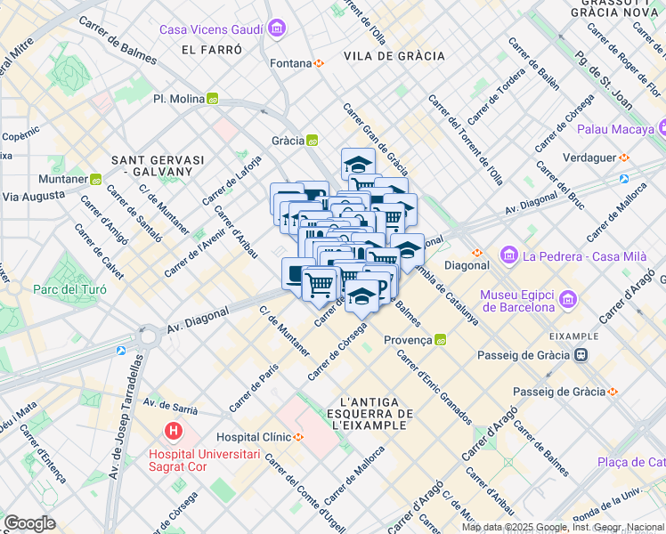 map of restaurants, bars, coffee shops, grocery stores, and more near 514 Avinguda Diagonal in Barcelona