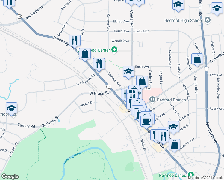 map of restaurants, bars, coffee shops, grocery stores, and more near 528 Broadway Avenue in Bedford