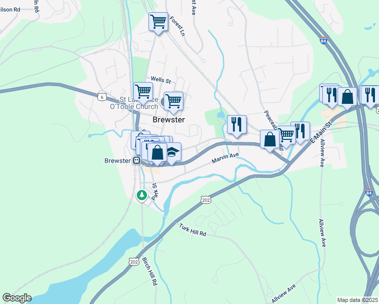 map of restaurants, bars, coffee shops, grocery stores, and more near 53 Oak Street in Brewster