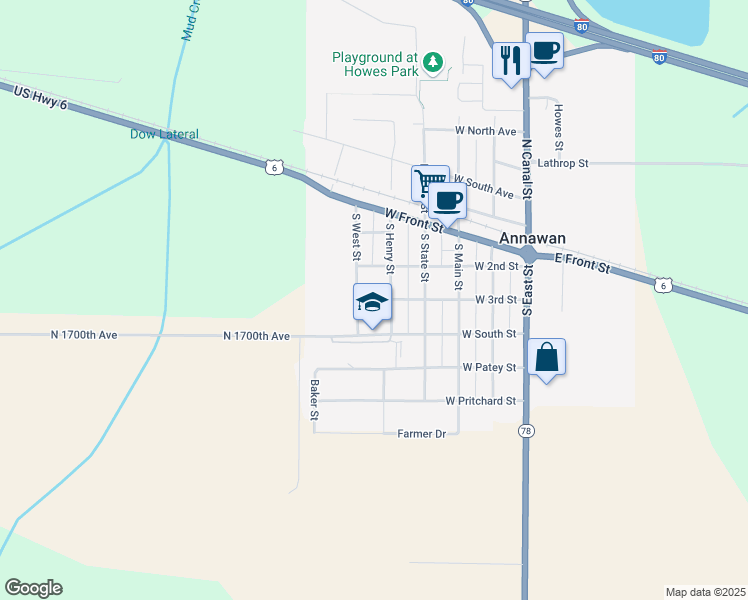 map of restaurants, bars, coffee shops, grocery stores, and more near 501 West South Street in Annawan
