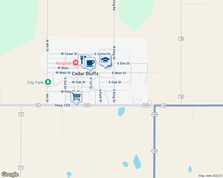 map of restaurants, bars, coffee shops, grocery stores, and more near 205 South King Street in Cedar Bluffs