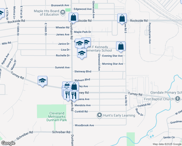 map of restaurants, bars, coffee shops, grocery stores, and more near 15508 Steinway Boulevard in Maple Heights
