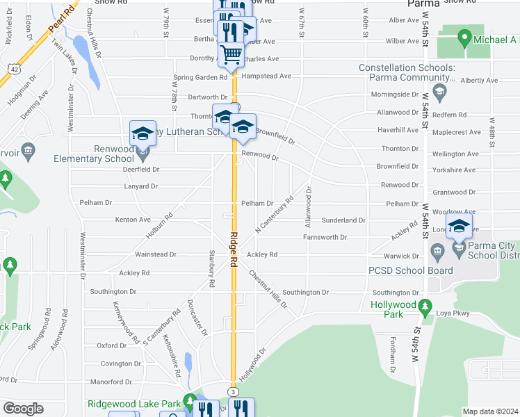 map of restaurants, bars, coffee shops, grocery stores, and more near 6191 Manchester Road in Parma