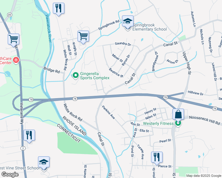 map of restaurants, bars, coffee shops, grocery stores, and more near 162a Canal Street in Westerly