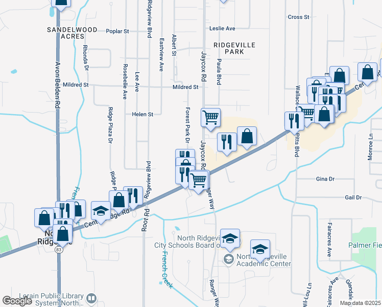 map of restaurants, bars, coffee shops, grocery stores, and more near 6464 Forest Park Drive in North Ridgeville