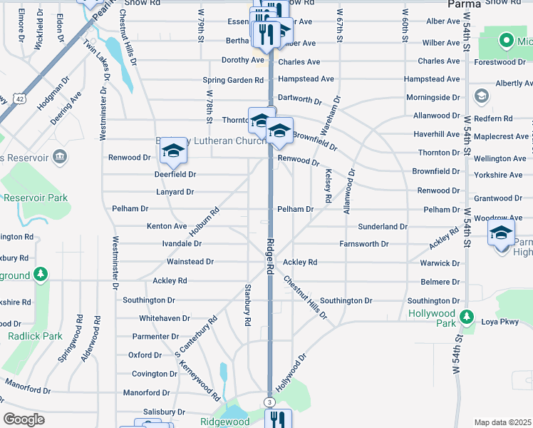 map of restaurants, bars, coffee shops, grocery stores, and more near 6184 Ridge Road in Parma