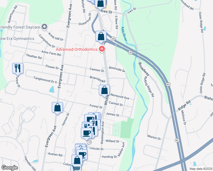 map of restaurants, bars, coffee shops, grocery stores, and more near 2724 Whitney Avenue in Hamden
