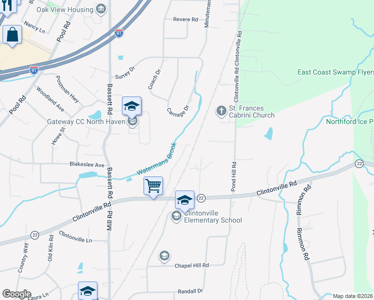 map of restaurants, bars, coffee shops, grocery stores, and more near 22 Fieldstone Court in North Haven