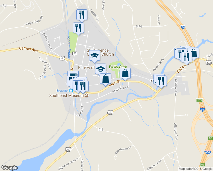 map of restaurants, bars, coffee shops, grocery stores, and more near 134 Main Street in Brewster