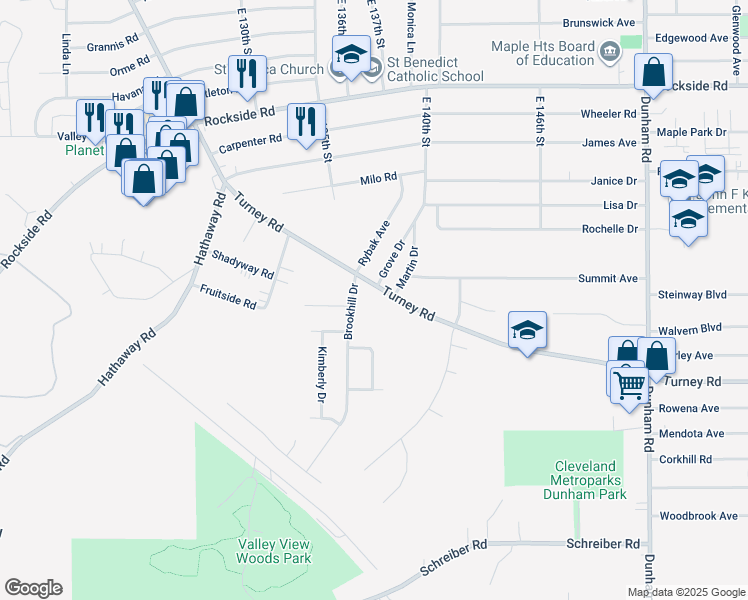 map of restaurants, bars, coffee shops, grocery stores, and more near 6264 Turney Road in Garfield Heights