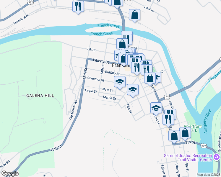 map of restaurants, bars, coffee shops, grocery stores, and more near 1318 New St in Franklin
